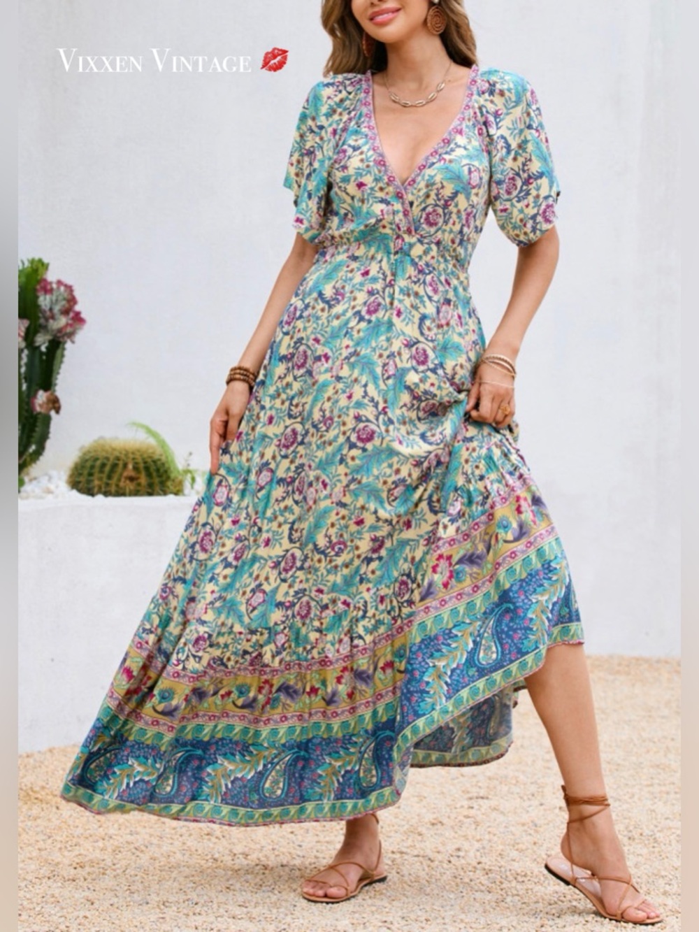 R. VIVIMOS BOHO FLORAL PAISLEY SHORT SLEEVE V-NECK TIERED MAXI DRESS